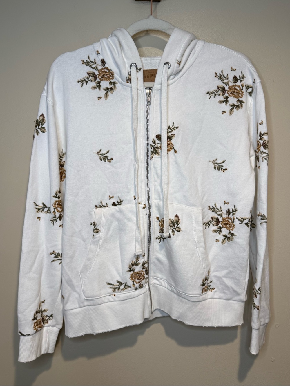 Driftwood Teddy Hoodie Womens S White Brown Floral Embroidered Full Zip Cotton